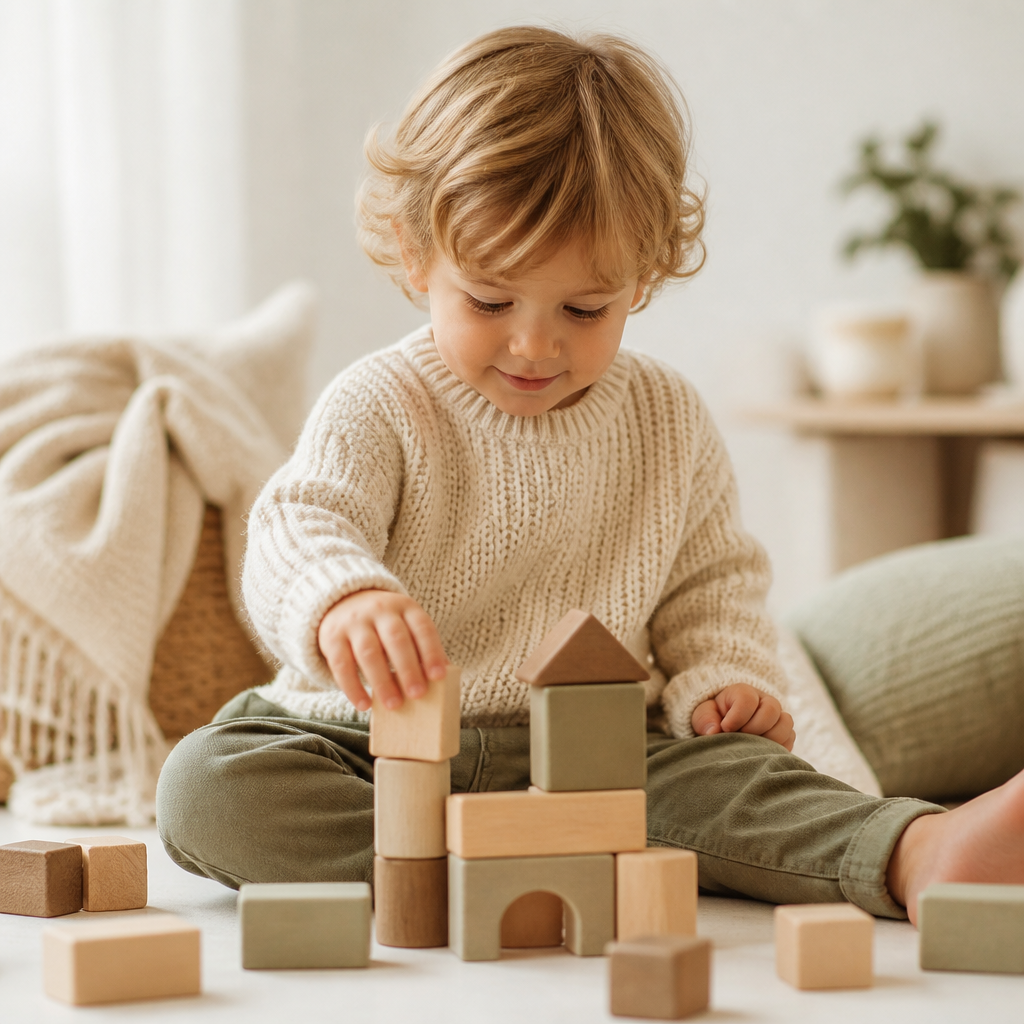 Toddler in a chunky cream knit sweater playing with wooden blocks in soft window light