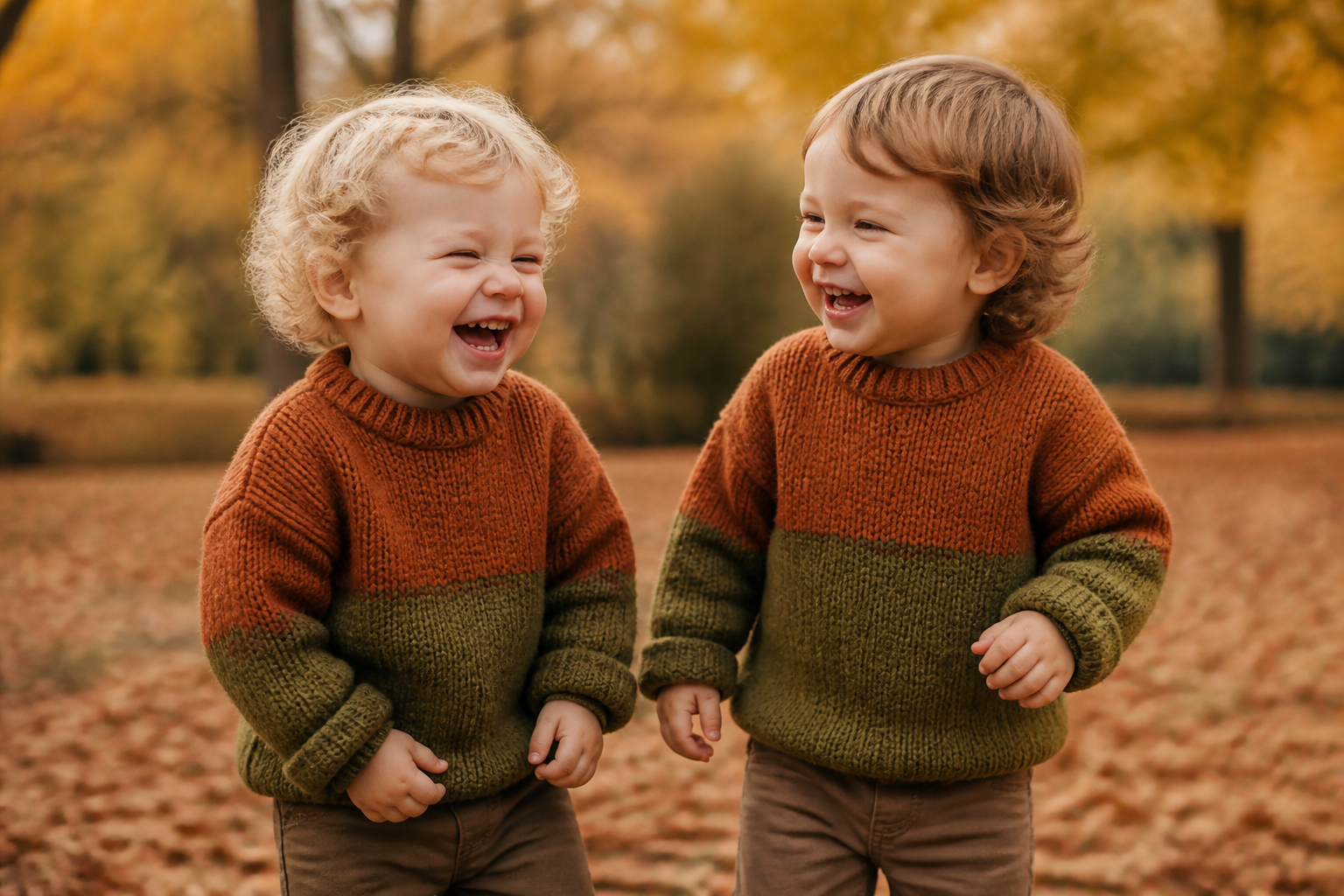 Two toddlers laughing in matching rust and moss knit sweaters in an autumn park