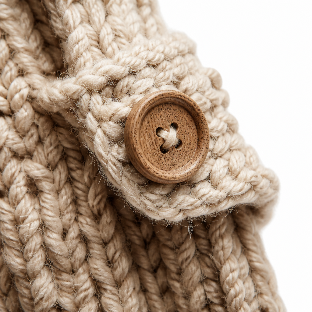 Close-up of chunky knit wool texture with wooden button