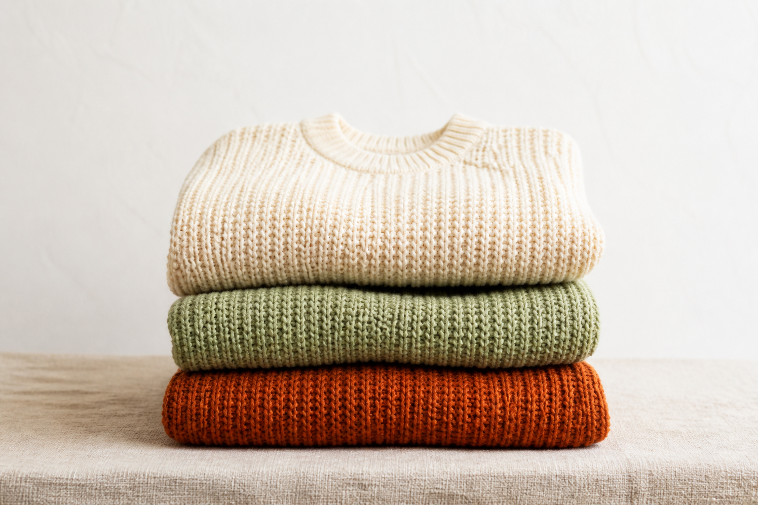 Folded stack of small knit sweaters in cream, sage, and rust